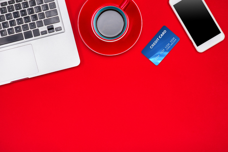 Holiday online shopping concept. View from above with copy spaceの写真素材