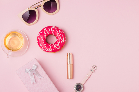 Sweet fashion lady accessories set. Top view.の写真素材