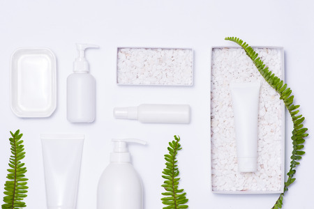Cosmetics SPA branding mock-up, top view, on white background.の写真素材