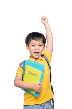 Portrait of cute smiling boy with backpack and colorful books with hand raisedの写真素材
