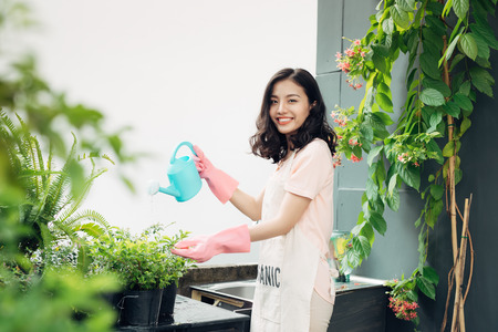 Asian woman gardener watering the flowers in her garden in summerの写真素材