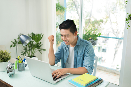 Portrait of excited asian young business man working on laptop computer at office deskの写真素材