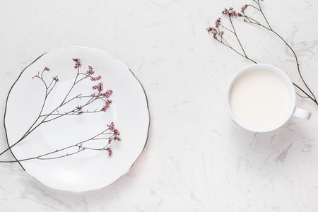 Dairy products. Top view of a cup of milk on a table.の写真素材
