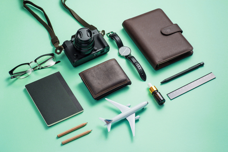 Summer traveling concept. Vacation accessories on blue background.の写真素材