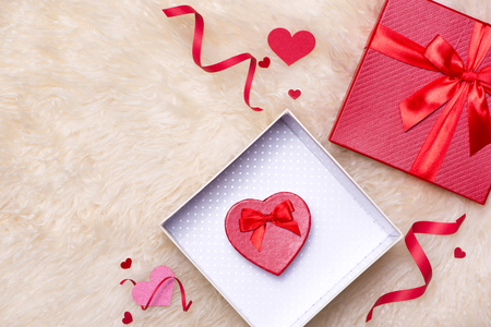 Love Concept. Top view of red gift boxes with bow.の写真素材