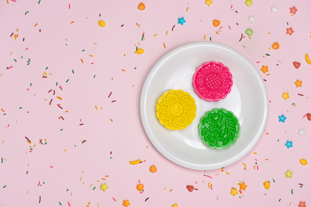 Table party setting. Traditional mid autumn festival colorful mooncakes.の写真素材