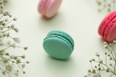 Dessert. Sweet macarons or macaroons with flowers.の写真素材