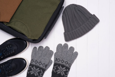 Men's casual outfits with accessories on wooden backgroundの写真素材