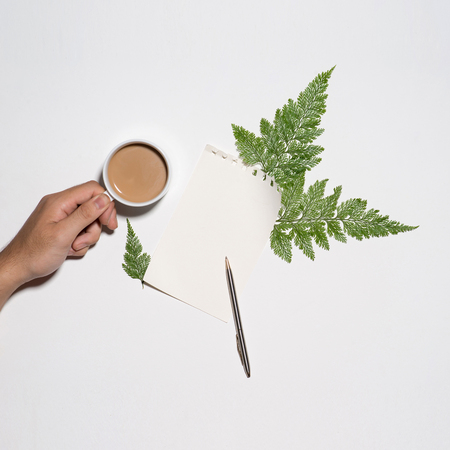 Flat lay of green leaves and flowers pattern with cup of coffee and paper note on white backgroundの写真素材