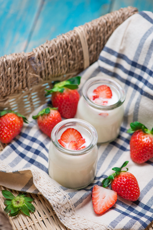 Strawberry Yoghurt. Healthy food with Strawberries and yoghurt breakfast on table.の写真素材