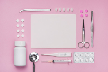 Medical equipment.  Medical concept on pink rose backgroundの写真素材