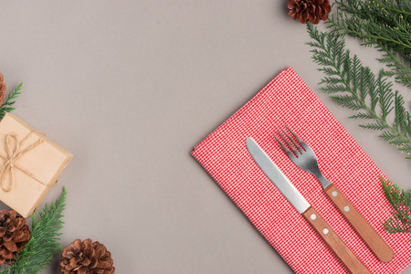 Festive table setting for Christmas holiday dinner with copy spaceの写真素材