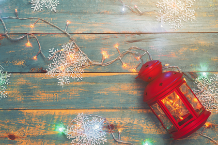 Christmas background with decorations on wooden background. Top view with copy spaceの写真素材