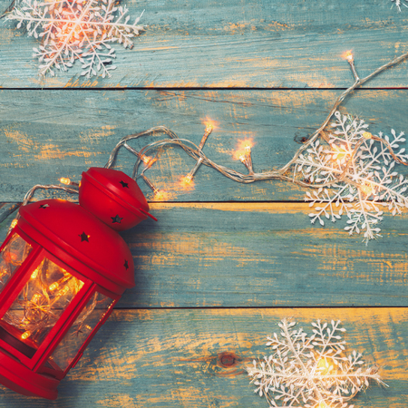 Christmas background with decorations on wooden background. Top view with copy spaceの写真素材
