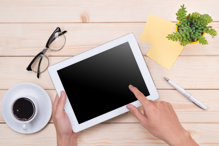 Tablet header image. Office stuff, workplace, top viewの写真素材