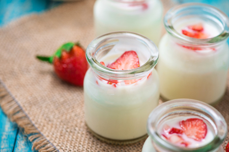 Strawberry Yoghurt. Healthy food with Strawberries and yoghurt breakfast on table.の写真素材
