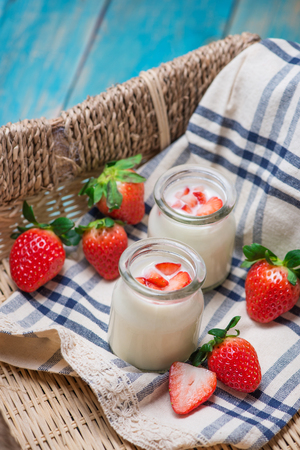 Strawberry Yoghurt. Healthy food with Strawberries and yoghurt breakfast on table.の写真素材