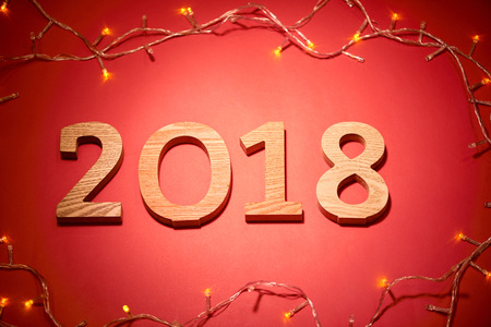 New Year 2018 Decoration on red background.の写真素材