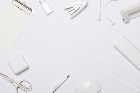 Office supplies composition on white background. Flat lay, top view.の写真素材