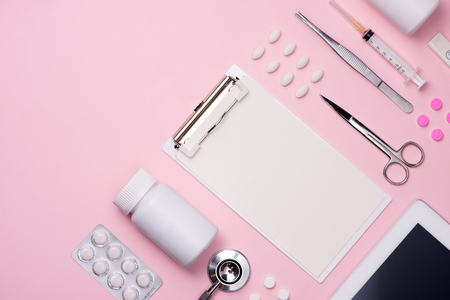 Medical equipment.  Medical concept on pink rose backgroundの写真素材