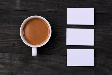 Mock-up with business cards. Template for branding identity on wooden background.
