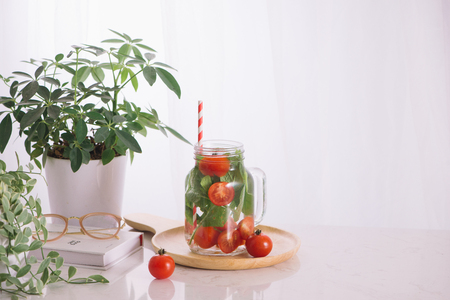 Detox water with vegetables and fruits. Diet healthy eating and weight loss.の写真素材