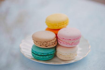 Delicious french dessert. Colorful pastel cake macaron or macaroonの写真素材