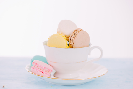 Delicious french dessert. Colorful pastel cake macaron or macaroonの写真素材