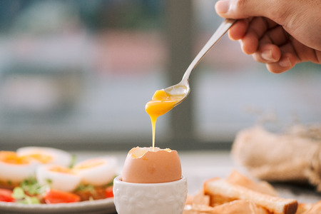 freshly boiled white egg on wooden board. Healthy fitness breakfast.