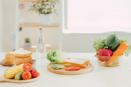 slice bread, prepare for make a sandwich in kitchen roomの写真素材