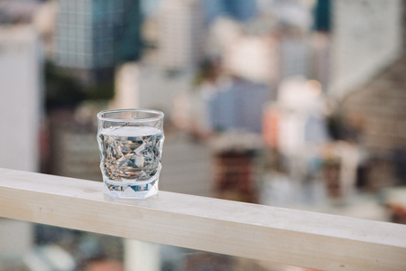 Closeup Glass of water on table nature backgroundの写真素材