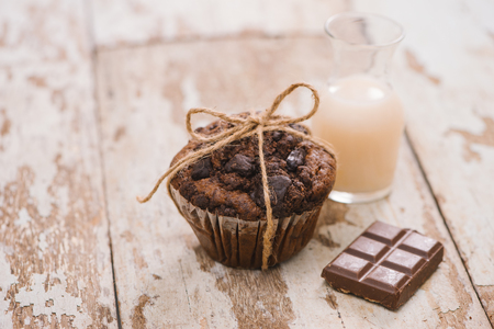 Dellicious homemade chocolate muffin on table. Ready to eat.の写真素材