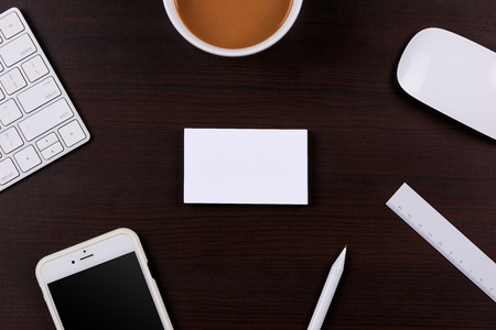 Working place, wooden table. Top view office corporate design mockup templateの写真素材