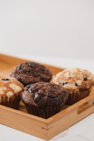 Dellicious homemade muffins on table. Sweet pastriesの写真素材