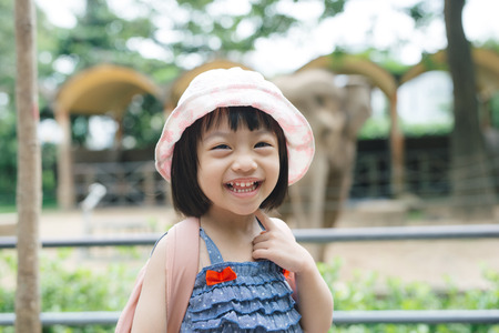 Cute little girl watching animals at the zoo on warm and sunny summer day. Children watching zoo animals through the window. Family time at zoo.の写真素材