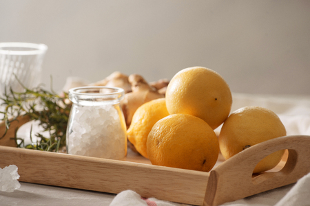 Lemon, ginger, rosemary and rock sugar in cooking and cosmeticsの写真素材