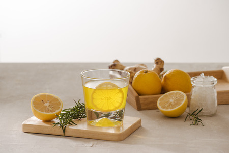 Ginger Ale or Kombucha in Bottle - Homemade lemon and ginger organic probiotic drink, copy space.