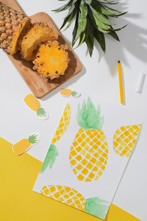 Tropical summer concept made of pineapple fruit and hand drawing illustration.の写真素材