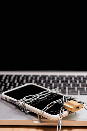Security of smartphone, tied chain with lockの写真素材
