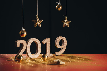 Sparkling New Year background, copy space. Champagne with decorations on New Year"s Dayの写真素材