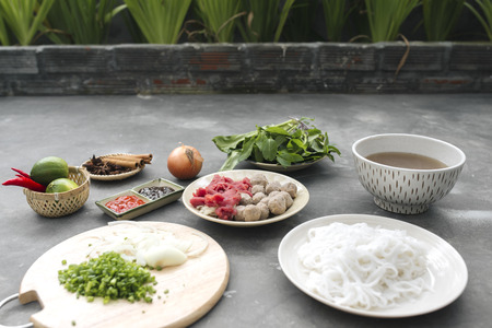 deconstructed pho laid out with all ingredientsの写真素材