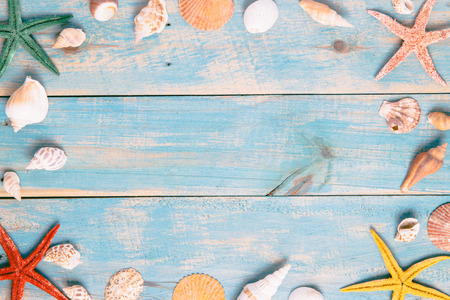 Shells and starfishes on blue wooden background. Copy space for your text.