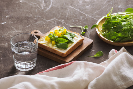 Perfect gourmet appetizer. Toast bread with green salads on top. Bread, vegetable and fruit. Diet concept.の写真素材