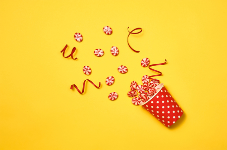birthday party design with confetti top view space for textの写真素材