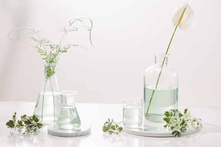Perfume oils concept. Laboratory glassware with infused floral water on tableの写真素材