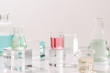 Bottles with different perfume oils on tableの写真素材