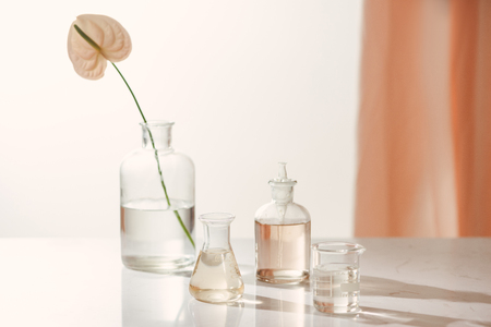 Natural organic botany and scientific glassware, Alternative herb medicine, Natural skin care beauty products, Research and development concept.の写真素材