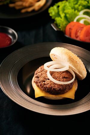 Fresh Tasty burger on dish with with french fries, ketchupの写真素材