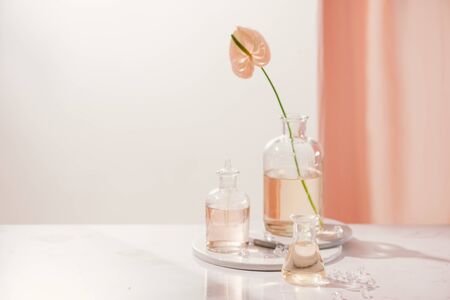 Natural organic extraction, Flower aroma essence solution in laboratoryの写真素材