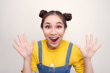 Portrait of her she nice attractive lovely charming cute crazy lady showing excitement isolated over bright vivid white backgroundの写真素材